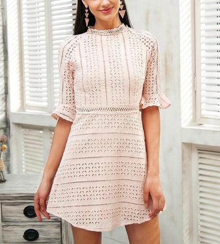 Elegant Hollow Crisscross Out Lace Midi Dress-women-wanahavit-Pink-S-wanahavit