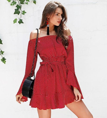 Off shoulder Polka Dot Summer Flare Sleeve Dress-women-wanahavit-Red-S-wanahavit