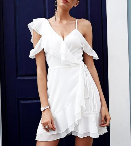 Ruffle Cold Shoulder High Waist Chiffon Dress-women-wanahavit-White-S-wanahavit