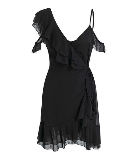 Ruffle Cold Shoulder High Waist Chiffon Dress-women-wanahavit-Black-S-wanahavit