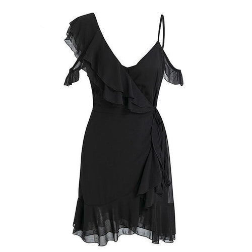 Load image into Gallery viewer, Ruffle Cold Shoulder High Waist Chiffon Dress-women-wanahavit-Black-S-wanahavit
