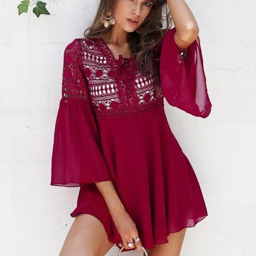 Load image into Gallery viewer, Lace Hollow Out Tunic Knitted Summer Dress-women-wanahavit-Wine Red-S-wanahavit
