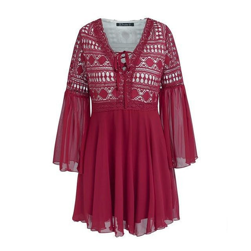 Load image into Gallery viewer, Lace Hollow Out Tunic Knitted Summer Dress-women-wanahavit-Wine Red-S-wanahavit
