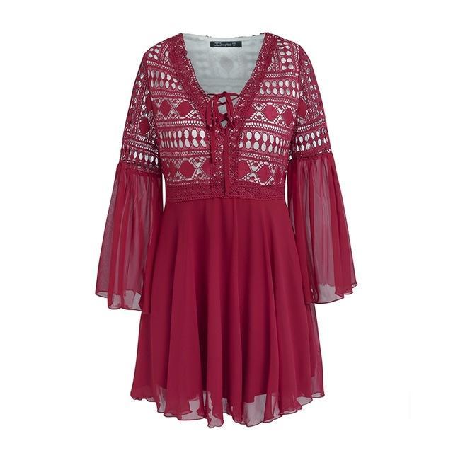 Lace Hollow Out Tunic Knitted Summer Dress-women-wanahavit-Wine Red-S-wanahavit