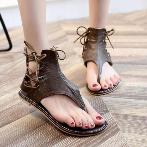 Load image into Gallery viewer, Vintage Lace Up Gladiator Leather Flip-Flop Sandals-women-wanahavit-Brown-5-wanahavit

