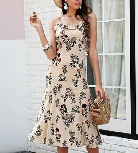 Strap Floral Print Boho Backless Ruffle Sexy Dress-women-wanahavit-Nude-S-wanahavit