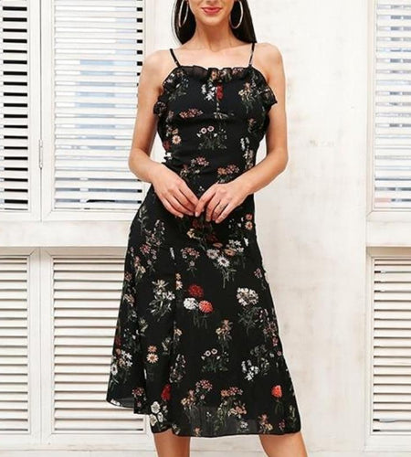 Strap Floral Print Boho Backless Ruffle Sexy Dress-women-wanahavit-Black-S-wanahavit