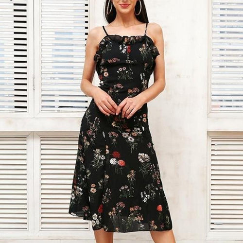 Load image into Gallery viewer, Strap Floral Print Boho Backless Ruffle Sexy Dress-women-wanahavit-Black-S-wanahavit
