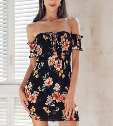 Off Shoulder Lace Up Bodycon Summer Floral Printed Dress-women-wanahavit-Print1-S-wanahavit
