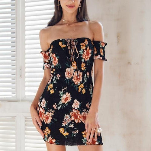 Load image into Gallery viewer, Off Shoulder Lace Up Bodycon Summer Floral Printed Dress-women-wanahavit-Print1-S-wanahavit
