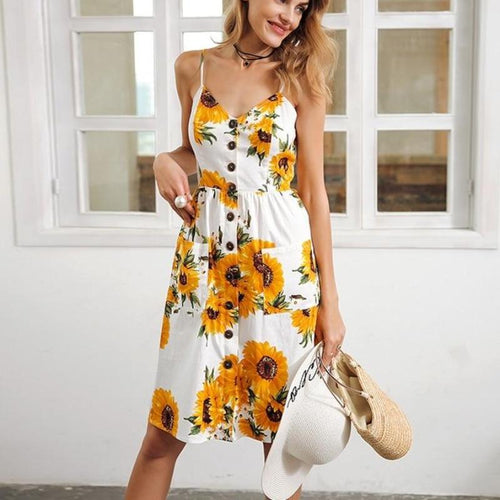 Load image into Gallery viewer, Strap V Neck Sunflower Print Backless Summer Dress-women-wanahavit-White-S-wanahavit
