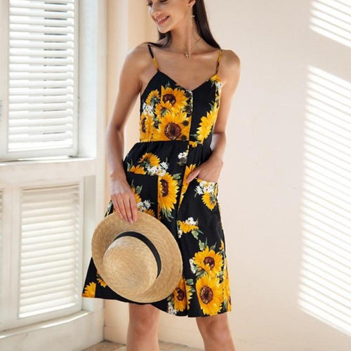 Load image into Gallery viewer, Strap V Neck Sunflower Print Backless Summer Dress-women-wanahavit-Black-S-wanahavit
