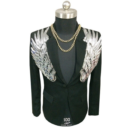 Load image into Gallery viewer, Gold &amp; Silver Sequin Wings Slim Fit Blazer-men-wanahavit-black-S-wanahavit
