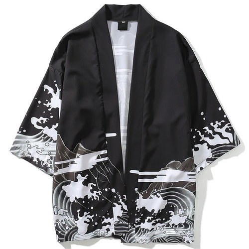 Load image into Gallery viewer, Waves &amp; Mountain Printed Harajuku Kimono Tees-unisex-wanahavit-Black-M-wanahavit
