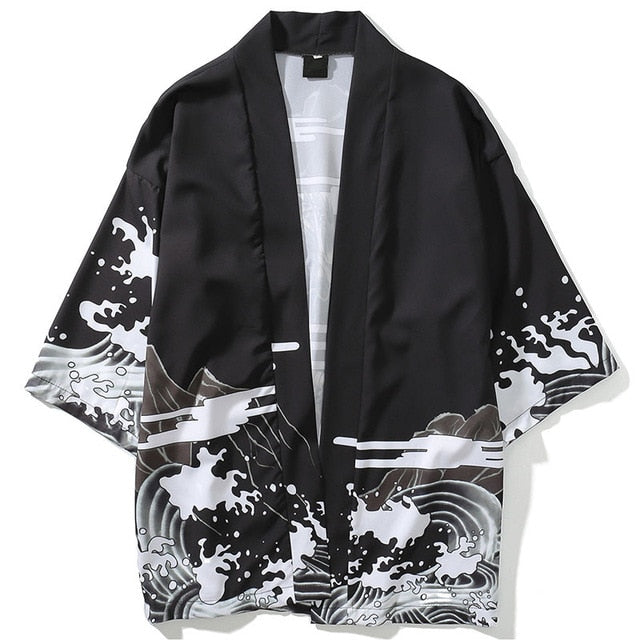 Waves & Mountain Printed Harajuku Kimono Tees-unisex-wanahavit-Black-M-wanahavit