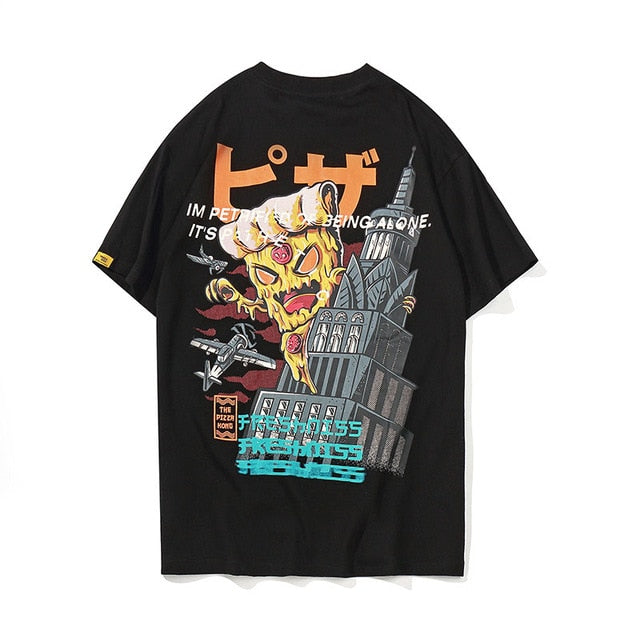 Monster Pizza Printed Hip Hop Streetwear Loose Tees-unisex-wanahavit-Black-Asian M-wanahavit
