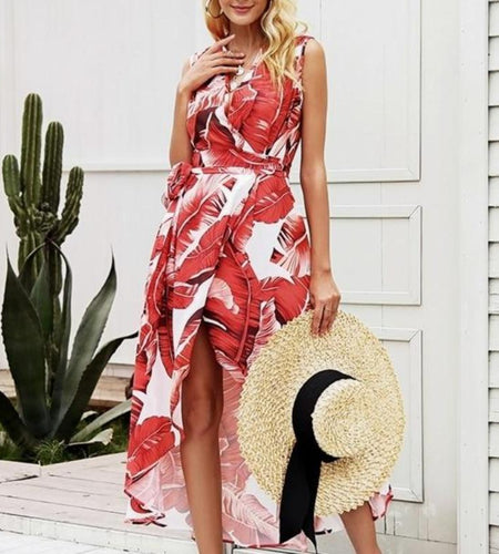 Sexy V Neck Leaf Print Boho Long Split Maxi Wrap Dress-women-wanahavit-Print1-S-wanahavit
