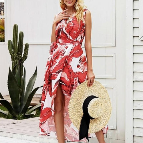 Load image into Gallery viewer, Sexy V Neck Leaf Print Boho Long Split Maxi Wrap Dress-women-wanahavit-Print1-S-wanahavit
