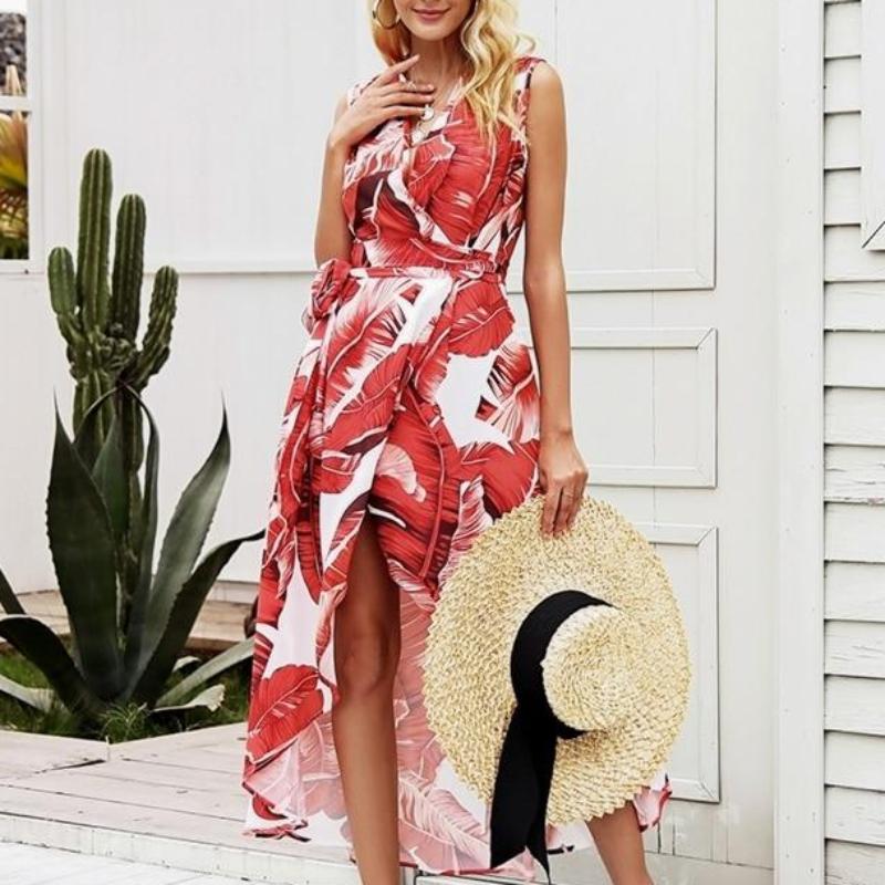 Sexy V Neck Leaf Print Boho Long Split Maxi Wrap Dress-women-wanahavit-Print1-S-wanahavit