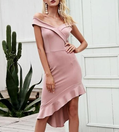 Cross Off Shoulder Asymmetric Ruffle Short Dress-women-wanahavit-Nude pink-S-wanahavit