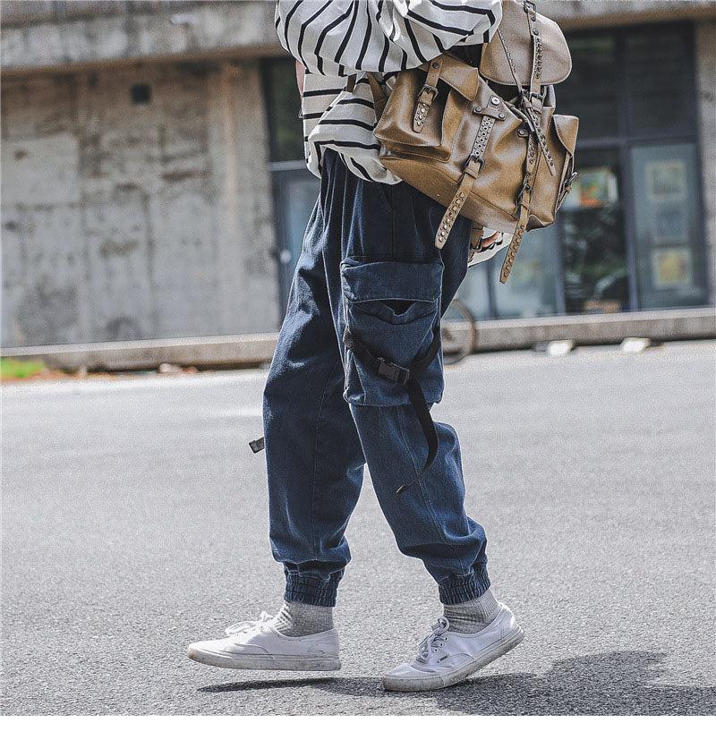 Elastic Waist Tactical Cargo Pocket Thick Track Sweat Pants-men fashion & fitness-wanahavit-Blue-M-wanahavit