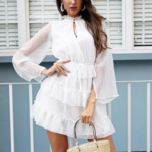 Load image into Gallery viewer, Sexy V Neck Ruffle Chiffon White Dress-women-wanahavit-White-S-wanahavit
