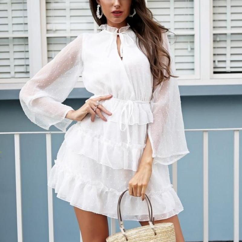 Sexy V Neck Ruffle Chiffon White Dress-women-wanahavit-White-S-wanahavit