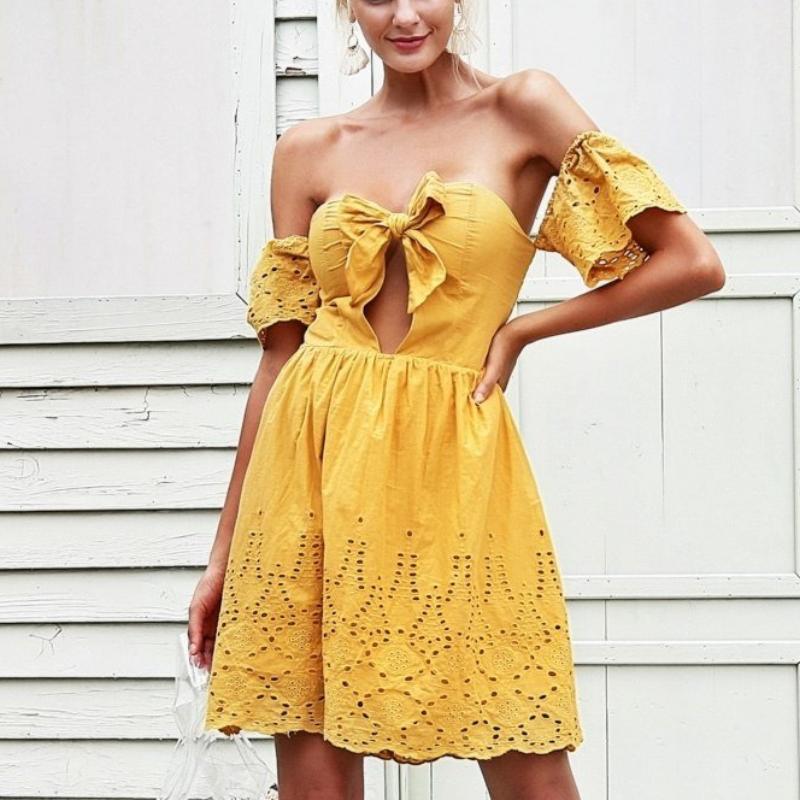 Sexy Off Shoulder Summer Ribbon Tie Backless Dress-women-wanahavit-Yellow-S-wanahavit