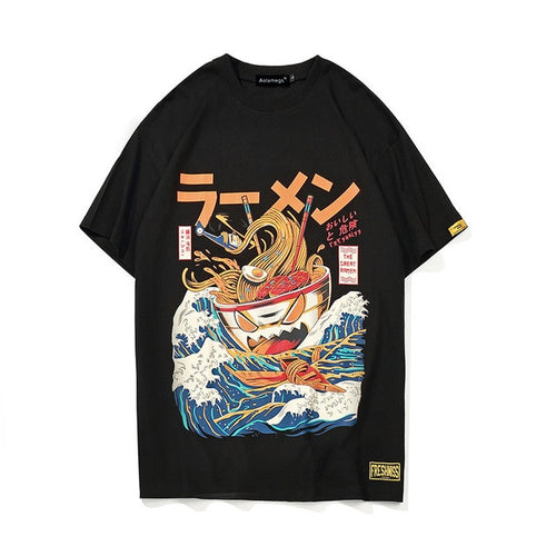 Load image into Gallery viewer, Surfing Monster Ramen Hip Hop Streetwear Loose Tees-unisex-wanahavit-Black-Asian M-wanahavit
