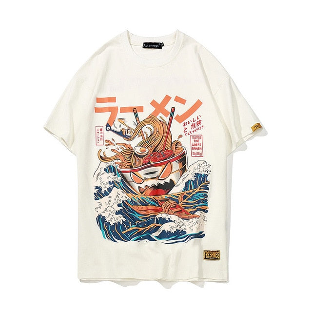 Surfing Monster Ramen Hip Hop Streetwear Loose Tees-unisex-wanahavit-White-Asian M-wanahavit