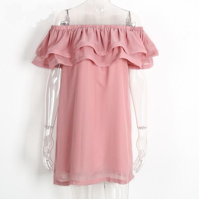 Chiffon Ruffle Off Shoulder Short Elastic Sexy Dress-women-wanahavit-Pink-S-wanahavit