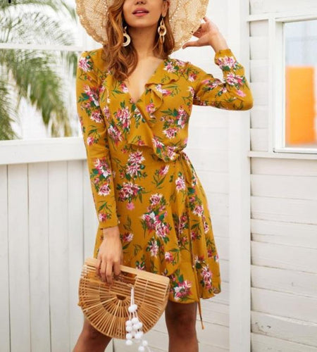 Bohemian Ruffle Floral Print Wrap Dress-women-wanahavit-Yellow-S-wanahavit