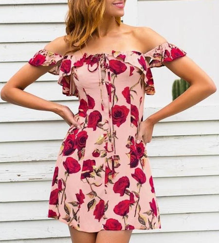 Ruffle Off Shoulder Summer Lace Up Floral Dress-women-wanahavit-Print-S-wanahavit