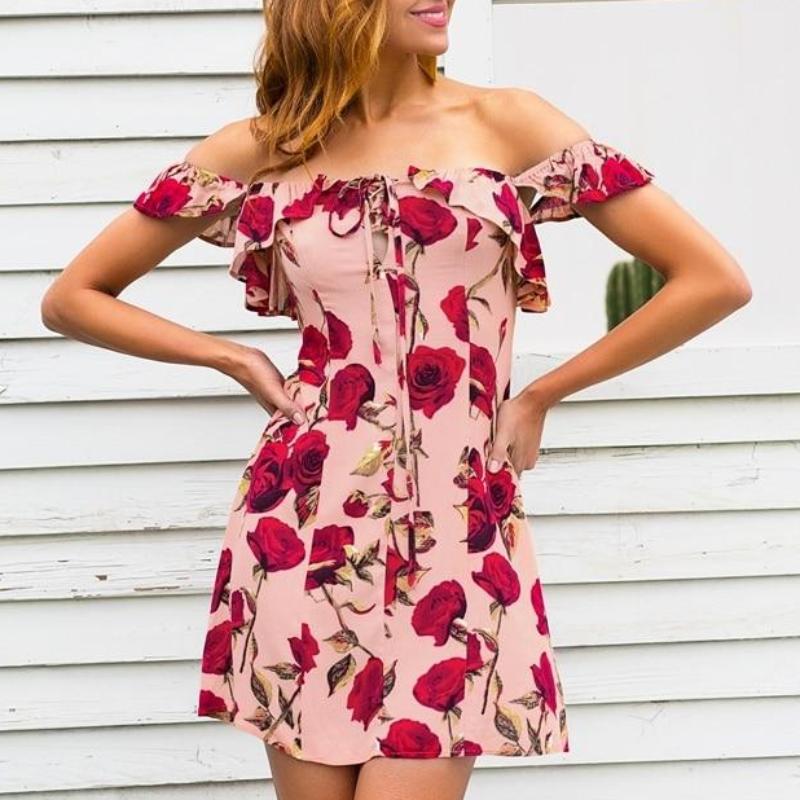Ruffle Off Shoulder Summer Lace Up Floral Dress-women-wanahavit-Print-S-wanahavit