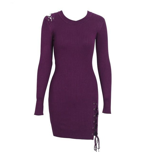Load image into Gallery viewer, Side Lace Up Slim Fit Knitted Sweater Long Sleeve Dress-women-wanahavit-Dark Purple-S-wanahavit
