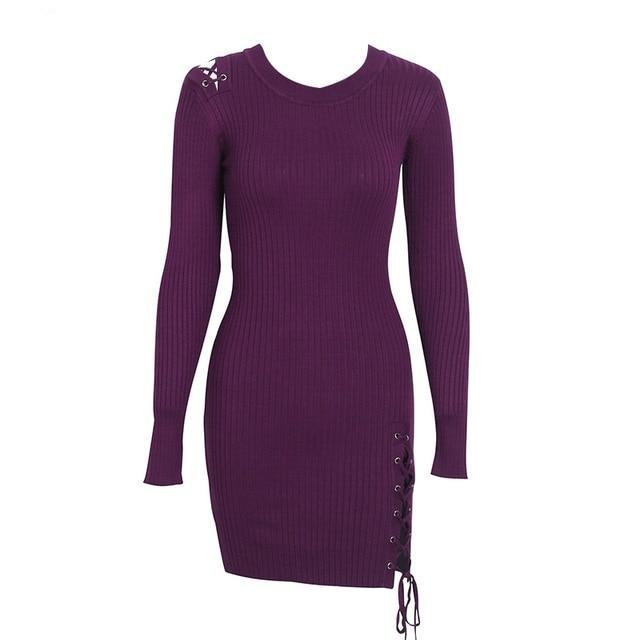 Side Lace Up Slim Fit Knitted Sweater Long Sleeve Dress-women-wanahavit-Dark Purple-S-wanahavit