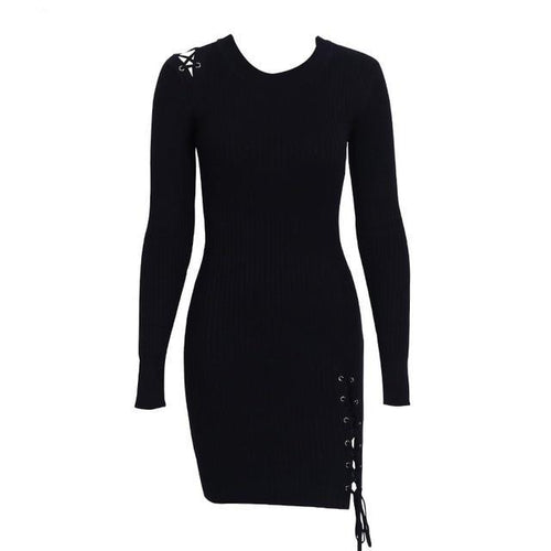 Load image into Gallery viewer, Side Lace Up Slim Fit Knitted Sweater Long Sleeve Dress-women-wanahavit-Black-S-wanahavit
