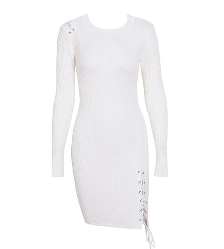 Side Lace Up Slim Fit Knitted Sweater Long Sleeve Dress-women-wanahavit-Creamy White-S-wanahavit