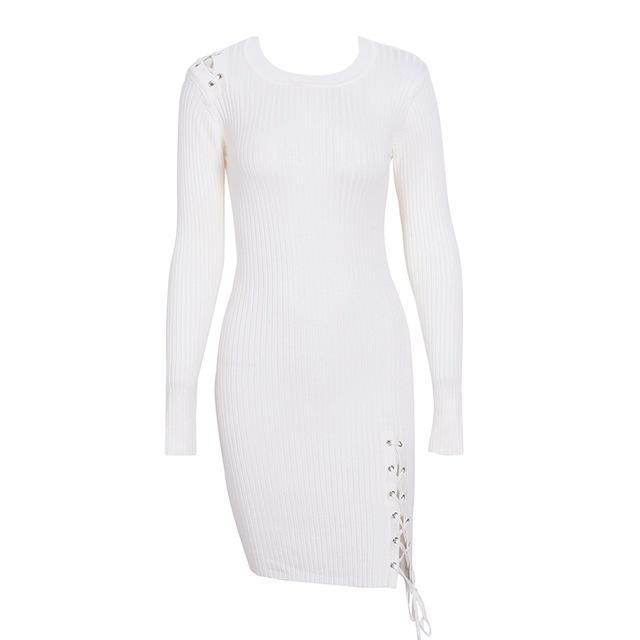 Side Lace Up Slim Fit Knitted Sweater Long Sleeve Dress-women-wanahavit-Creamy White-S-wanahavit