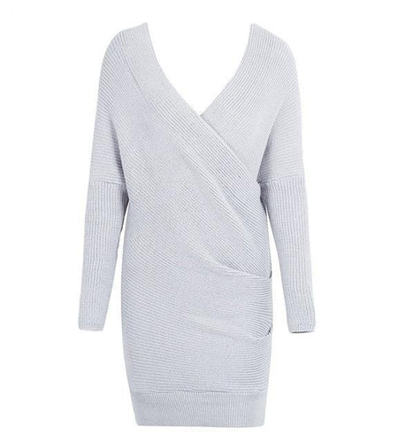 Sexy V Neck Cross Knitting Sweater Long Sleeve Dress-women-wanahavit-Grey-One Size-wanahavit