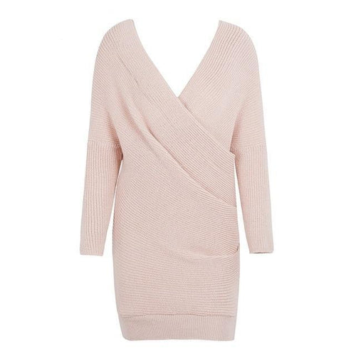 Load image into Gallery viewer, Sexy V Neck Cross Knitting Sweater Long Sleeve Dress-women-wanahavit-Nude-One Size-wanahavit
