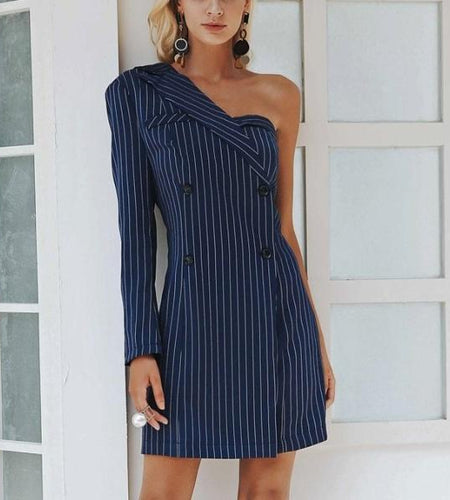 One shoulder Striped Suit Sexy Dress-women-wanahavit-Navy Blue-S-wanahavit