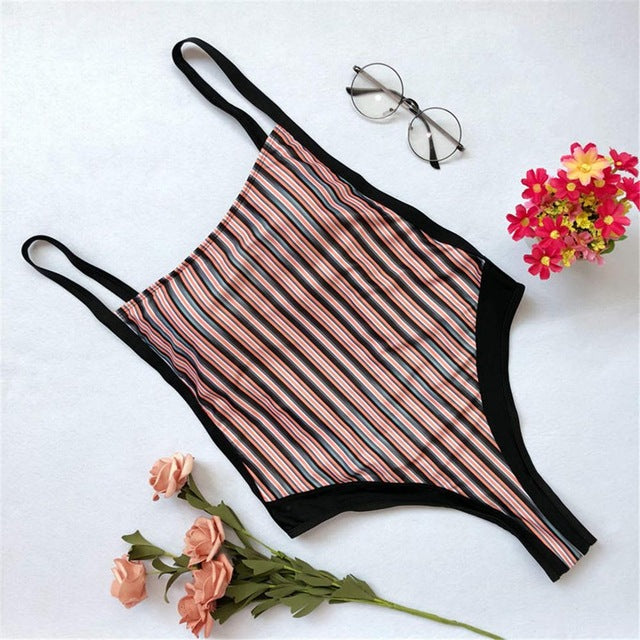 Striped High Cut Leg Thong Bather Monokini-women fitness-wanahavit-Striped-L-wanahavit