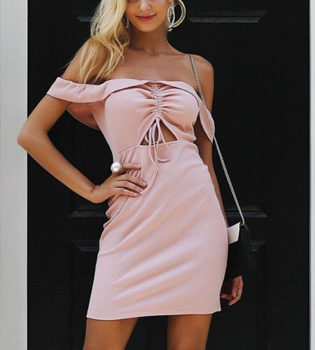 Off Shoulder Backless Drawstring Bodycon Ruffle Dress-women-wanahavit-Pink-S-wanahavit