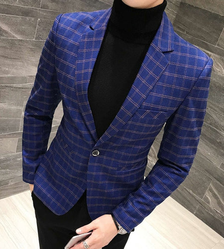 One Button Plaid Checkered Stylish Blazer-men-wanahavit-blue-M-wanahavit