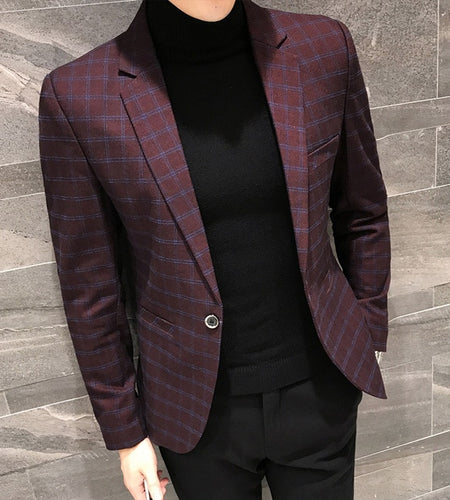 One Button Plaid Checkered Stylish Blazer-men-wanahavit-wine red-M-wanahavit