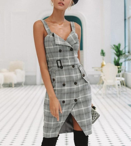 Plaid Strap High Waist Buckle Dress-women-wanahavit-Plaid-S-wanahavit