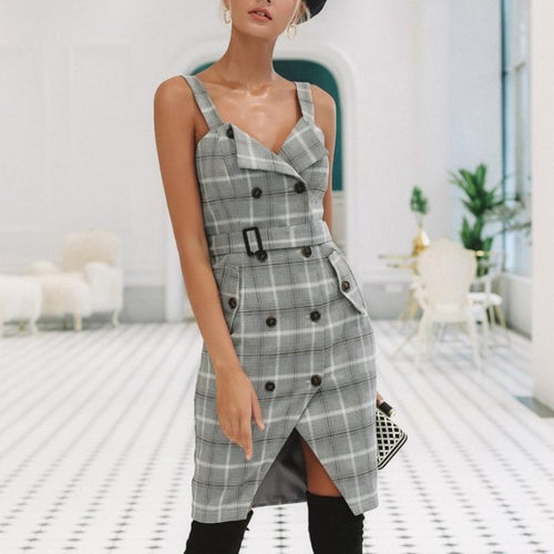 Load image into Gallery viewer, Plaid Strap High Waist Buckle Dress-women-wanahavit-Plaid-S-wanahavit
