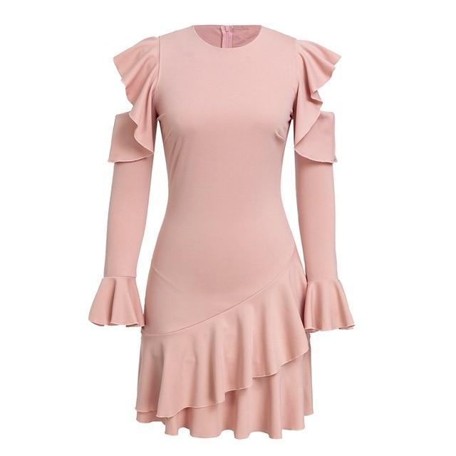 Ruffles Off Shoulder Long Sleeve Sexy Dress-women-wanahavit-Pink-S-wanahavit