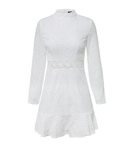 Elegant Hollow Out Autumn Ruffles Dress-women-wanahavit-White-S-wanahavit